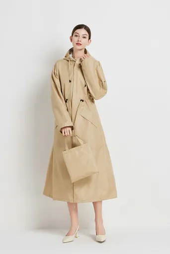 Size M Khaki Women's Chic Lightweight Waterproof Raincoat - Long Hooded Packable Rain Jacket with Pouch