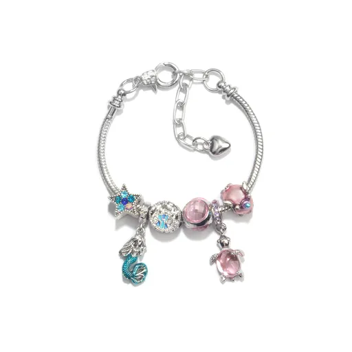 Rhinestone Star Alloy Bracelet with Mermaid & Turtle Charms Cute Pig & Glass Beads Jewelry(20cm)