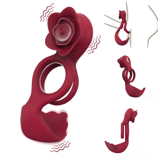 Red Romantic Rose Dual Motor Vibrating Couples Pleasure Ring - Rechargeable Silicone Enhancer