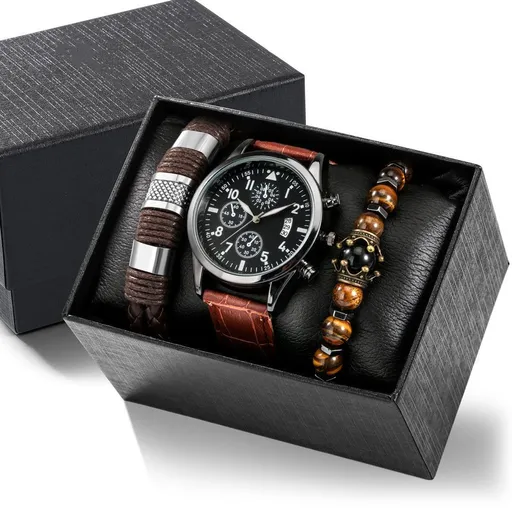 Men's Canvas Quartz Watch and PU Bracelet Set Single Calendar Fake Three Eye Black Size 15