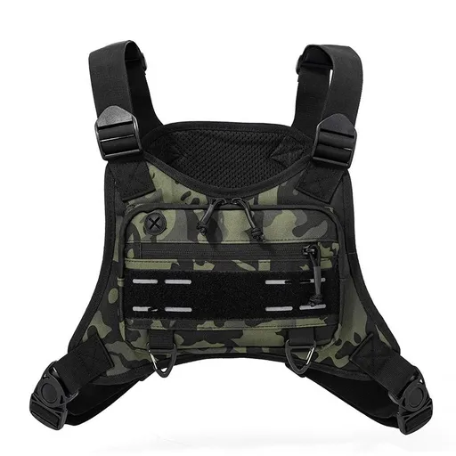 Black Camouflage Tactical Chest Rig Bag with Multi Zipper Pockets - Waterproof Nylon Utility Vest Pack, Breathable Back Pad and Adjustable Straps