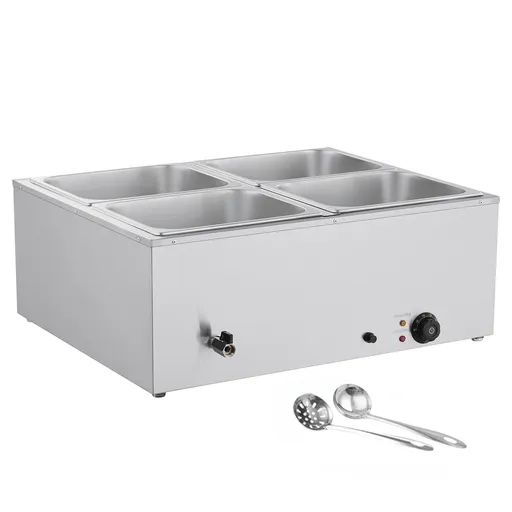 Commercial Food Warmer, 1500W Electric Stainless Steel Steam Food Warmer with Lid, 4-Pan Fast Heating Countertop Buffet Bain Marie with Soup & Perforated Ladles, for Catering, Restaurant, Party