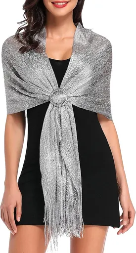 Ladies' scarf - shimmering metallic scarf - fringed scarf - suitable for evening parties, weddings, sea, beaches - with clip