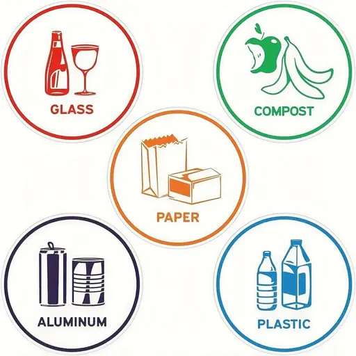 Recycling Stickers for Trash Can, 5pcs Recycle Stickers for Plastic Bins - Paper, Aluminum, Plastic, Glass, Compost