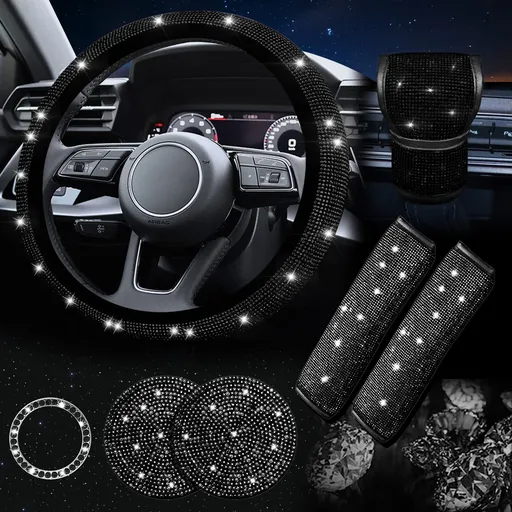 Black 7-Piece Car Interior Decoration Set – Crystal Rhinestone Steering Wheel Cover, Gear Shift Cover, Seat Belt Pads, Cup Coasters & Ignition Switch Cover