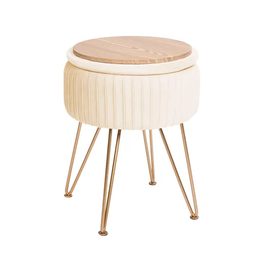 Side Table Storage Ottoman - Velvet Padded Stool Vanity Footstool REMY CREAM BEIGE