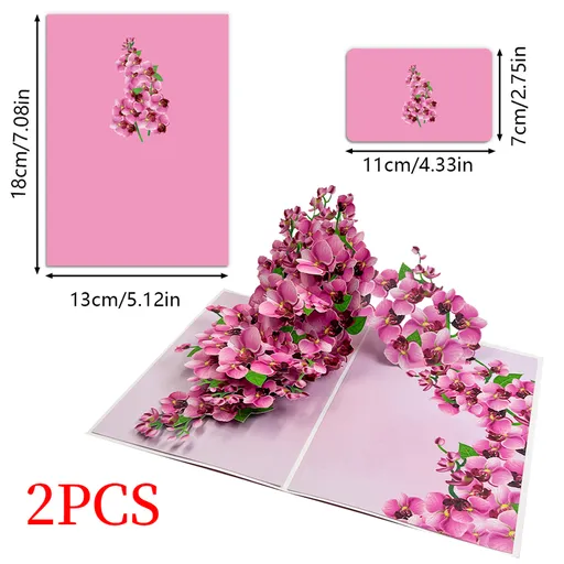 2PCS-Pink Orchid Bouquet 3D Pop Up Card, Exquisite Paper Craft Festival Greeting Message Card