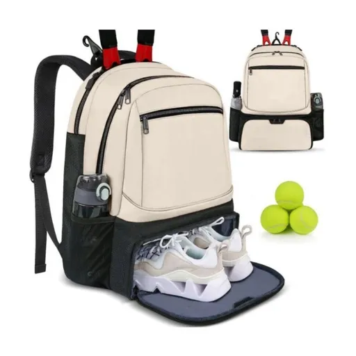 Large Capacity Tennis Backpack with Racquet Compartment, Shoe Pocket and Fence Hook for Training, Matches and Court Sessions, Water Resistant Sports Bag for Tennis Players (Beige)