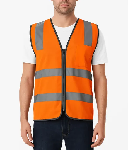 Hi Vis Safety Vest Reflective Tape Zip Up Workwear Pocket High Visibility in Orange