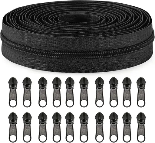 Zippers - 1 Roll - Zipper - Includes 20 Replacement Zippers - Nylon - Metal - Replacement Zipper Set - Zipper Closure Repair Kit - Suitable for Bags, Clothing and Bedding - 10m*2.7cm - Black