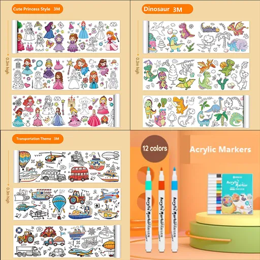 4 Piece- 3pce*3M Coloring Scroll Drawing Paper and 12-Color Marker Set, Giant Doodle Art Mural for Wall, Jumbo Coloring Poster Roll, Creative Art Activity