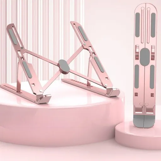 10-Gear Adjustable Aluminum Foldable Laptop Stand, Hollow Cooling Double Triangle Stable Riser—Pink