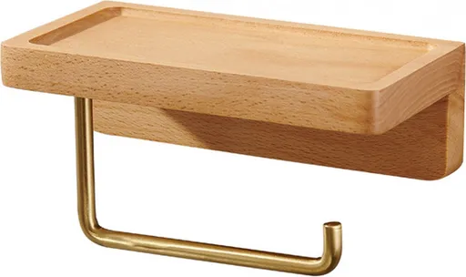 Toilet Roll Holder with Shelf - Toilet Roll Holder Without Drilling - Wood - Self-Adhesive - Toilet Paper Holder - Toilet Roll Holder - Toilet Roll Holder with Shelf - Wood Color - 18cm