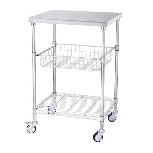 Kitchen Utility Cart, 3 Tiers, Wire Rolling Cart with 213kg Capacity, Steel Service Cart on Wheels, Metal Storage Trolley with 76mm Basket Curved Handle PP Liner 6 Hooks, for Indoor and Outdoor