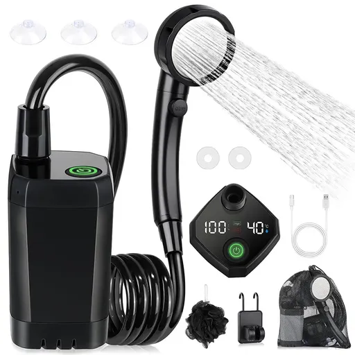 Portable Black Camping Shower with 6000mAh Rechargeable Battery and LED Display