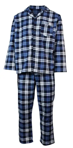 Mens Flannelette Pyjama Set Sleepwear Soft 100% Cotton PJs Two Piece - Blue/Multi Check