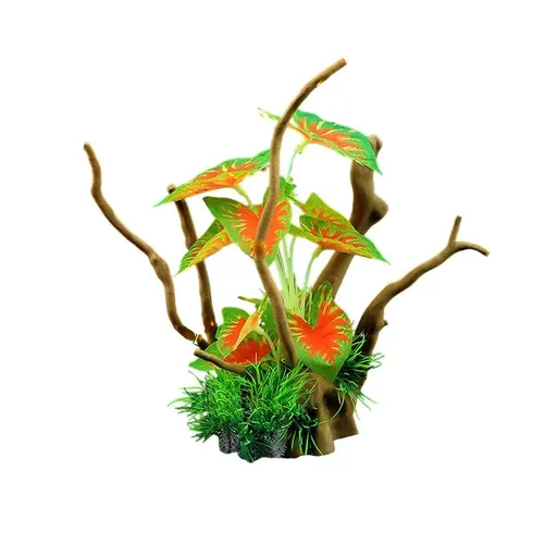 Aquarium Landscaping Decoration Artificial Wood and Plants Fish Tank Ornament - CM3303-Green Orange