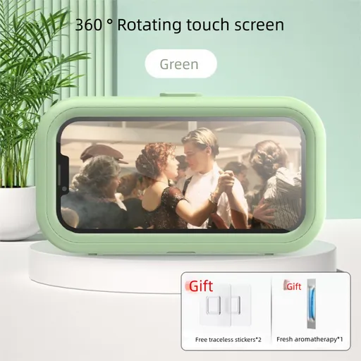 Waterproof Shower Phone Holder Wall Mount with Aromatherapy - 360° Rotating & Retractable Anti-Fog Case - Drill-Free Bathroom & Kitchen Mobile Stand - Green