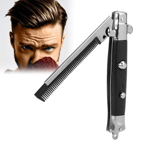 Hair Comb Oil Hair Styling Spring Comb Automatic Pocket Folding Push Button Hair Brush for Men, Use for Head Hair or Beard