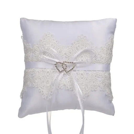 Wedding Ring Pillow White Bowknot Ring Bearer Pillow Holder Rhinestones Hollow Heart Decorative Ring Pillow Romantic Ring Bearer