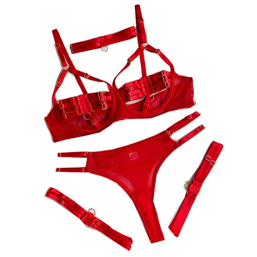 Hod Health & Home Colourful Sexy Open Bra Bondage Fetish Lingerie Set Black Hunter Green Neon - Red - M