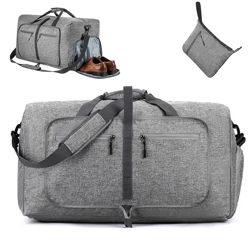 Foldable Travel Duffle Bag with Shoe Compartment - Grey