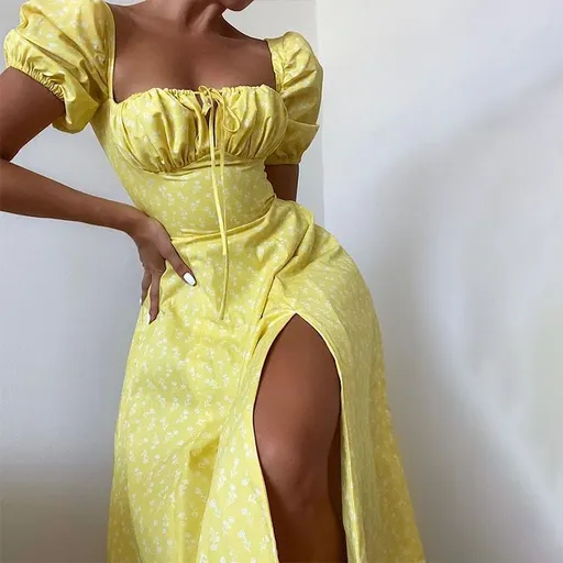 Hongyi Floral Long Dress Summer 2026 Small yellow flower New Flower Size: L; Height (cm): 165-170; Weight (kg): 55-60; Bust (cm): 90-94; Waist (cm): 74-78; Shoulder width (cm): 39; Length (cm): 62