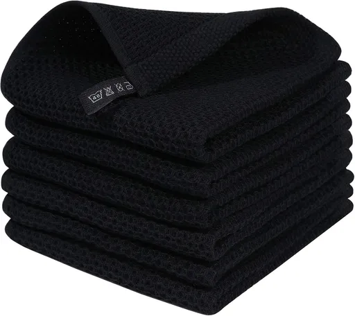 6 Piece Cotton Waffle Cloth Set Black, 30 x 30 cm