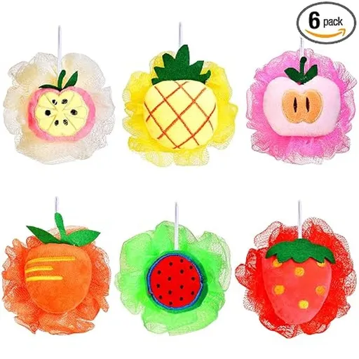 6 Pieces Cute Fruit Bath Shower Sponge Loofahs Mesh Pouf Shower Ball Colorful Cartoon Body Scrubber Balls Shower Mesh
