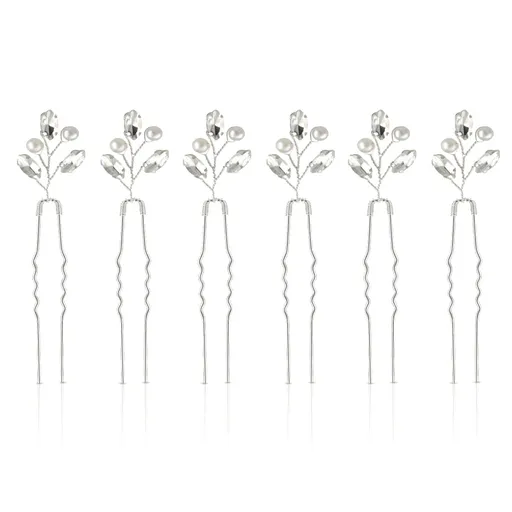 Bridal Hair Accessories - Silver Rhinestone and Pearl Clips, Crystal Flower Leaf Pins for Brides, Bridesmaids Women (6 Pieces)