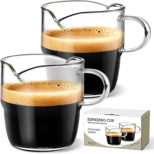 6 OZ Espresso Cups Set of 2, Double Spouts Stackable Cups, Shots Glass Mugs with Handle, Machine Accessories for Coffee Bar, Cute Clear Glasses Gift -