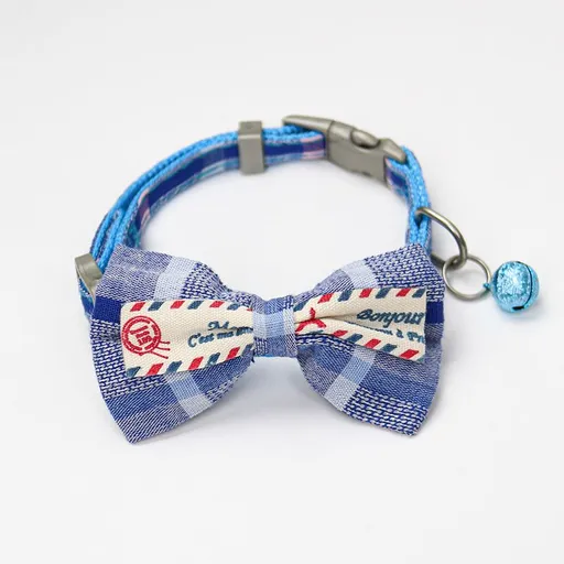 Zichen Plaid Bow Cat Collar with Bell Polyester Sky Blue S(1.0 check bow single collar)