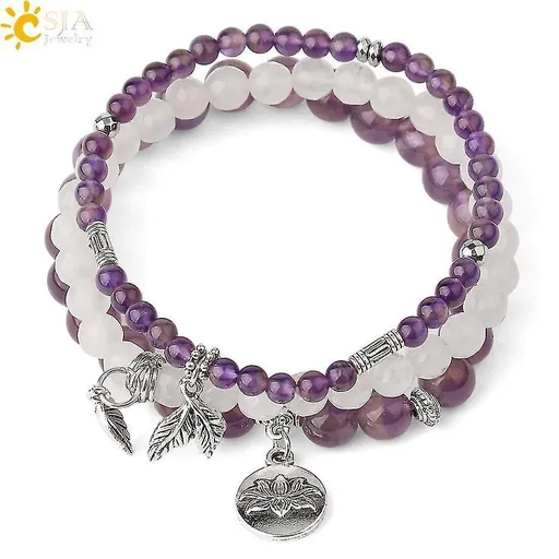 3pcs Amethyst Rose Quartz Crystal Beaded Chakra Bracelet Natural Healing Energy Lotus Charm Beads Stone Reiki Stackable Stretch Bracelets Set