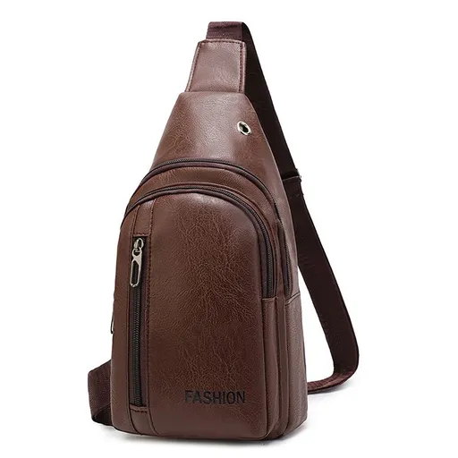 Brown Men's PU Leather Chest Bag - Water Resistant Crossbody Sling Bag - Multi Pocket Storage, Adjustable Strap, Lightweight Travel & Daily Commute