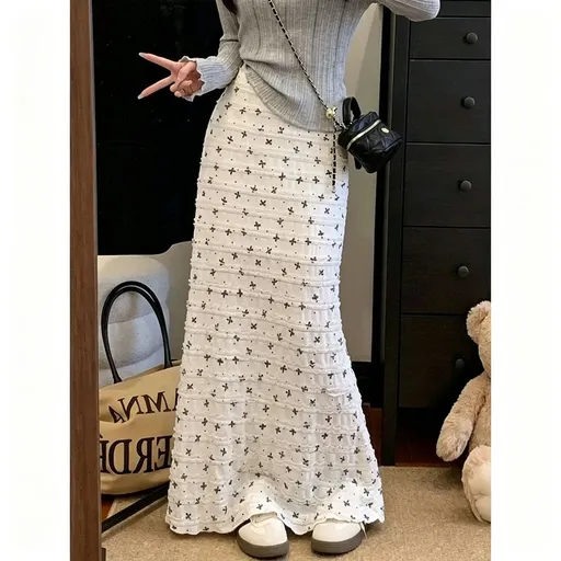 White Size XL | Plus Size Floral Lace Mermaid Skirt | Halloween Curvy Friendly Gift | High Waist Loose Fit Flesh-Covering Elegant Skirt