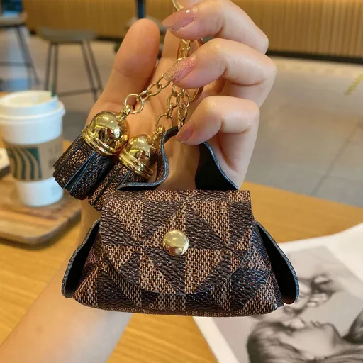 Mini Plaid-Print Leather Key Pouch with Tassel Charm, Coin Purse, and Earphone Storage Bag—Brown