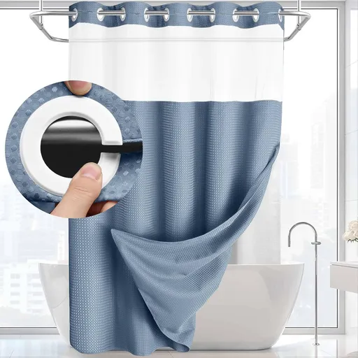 Blue Hook Free Waffle Weave Shower Curtain (71 x 75") - Double Layer Curtain with Removable Waterproof Liner, Mesh Top Window, Magnetic Hem & Built-In Rings