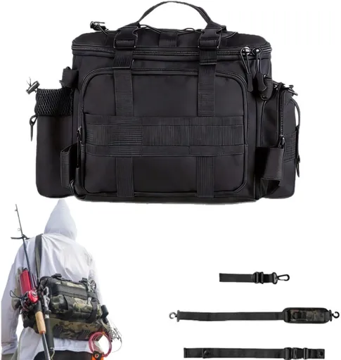 Fishing Tackle Storage Bag with Zipper and Rod Holder, Water-Resistant Carry Bag for Saltwater and Freshwater Fishing Gear