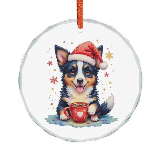 Story Nest Books Border Collie Puppy In Santa Hat Crystal Glass Ornament | Christmas Hot Cocoa Dog Lovers Gift