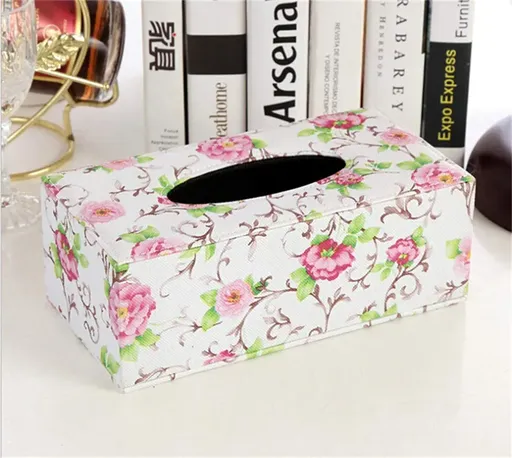 Leather Tissue Box Holder Waterproof Rectangular Tissue Box Cover for Home Office Car Decor Floral Pattern, Flower