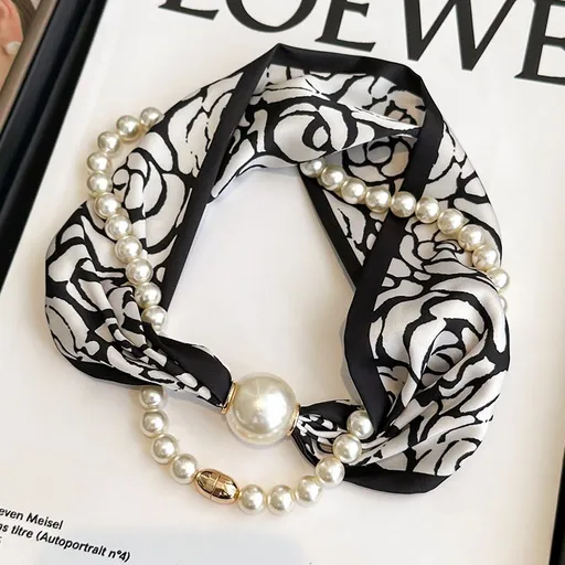 Black flowers 2-in-1 Magnetic Pearl Scarf & Necklace Set - Floral Print Polyester Neck Wrap with Detachable Bead Chain