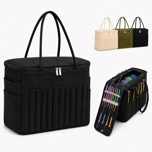 Canvas Yarn Storage Bag, Large Knitting and Crochet Organizer Tote with Multiple Front Pockets, Yarn Holes, Zipper Closure, Portable Holder for Supplies, Projects and Craft Tools