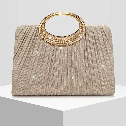 Clutch Evening Bag Pleated Sparkle Metal Ring Handle Horizontal Square Polyester Champagne