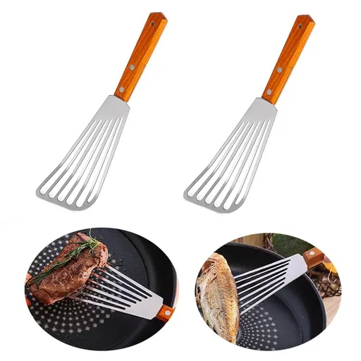 Set of 2, Stainless Steel Slotted Spatula Turner with Riveted Wooden Handle, Professional Metal Spatulas Great for Kitchen Cooking Flipping Frying & Grilling