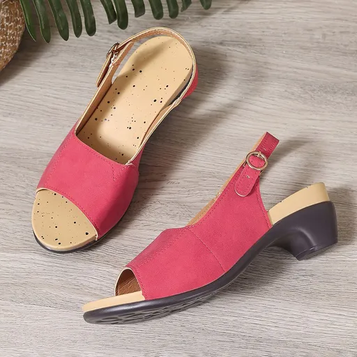 Women Chunky Heel Sandals Buckle Strap PU Rubber Red 41