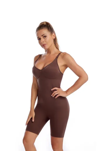 Size L Brown Seamless Full Body Shaper for Women - Tummy Control, Butt Lifter & Thigh Slimmer Bodysuit