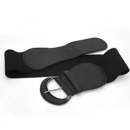 Faux Leather Cinch Waist Belt with Buckle for Women Stretch Wide Elastic Dress Belt - Black