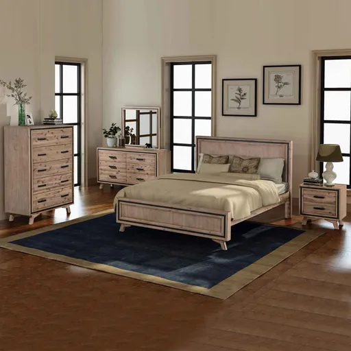 5 Piece Bedroom Suite King Size Acacia Wood Construction Bedside Table Tallboy Dresser Silver Brush