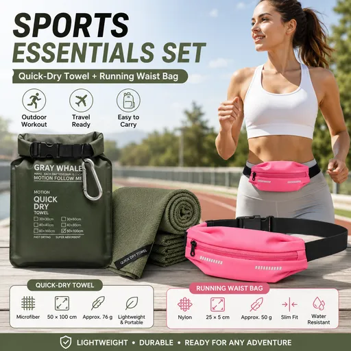 Outdoor Sports Combo Set - Green Microfiber Quick Dry Cooling Towel and Pink Lightweight Running Waist Belt with Reflective Strips, Portable Gym Accessories for Fitness and Travel Suitable for sports; keeps hands free and makes wiping away sweat conv