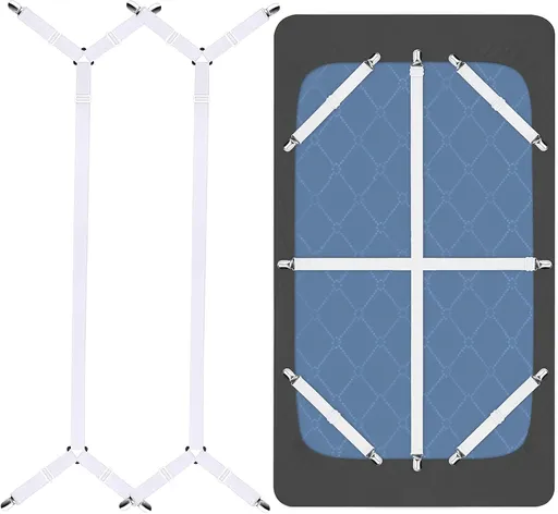 8+2 Pieces Bed Sheet Holder Straps Bed Sheet Fasteners Suspenders Holder Straps Adjustable Crisscross Elastic Band Fitted Sheets Corner Straps Grippers Clip, White
